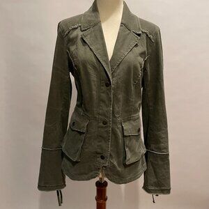 FREE PEOPLE Military Jacket Distressed Tiered Ruffle Army Green